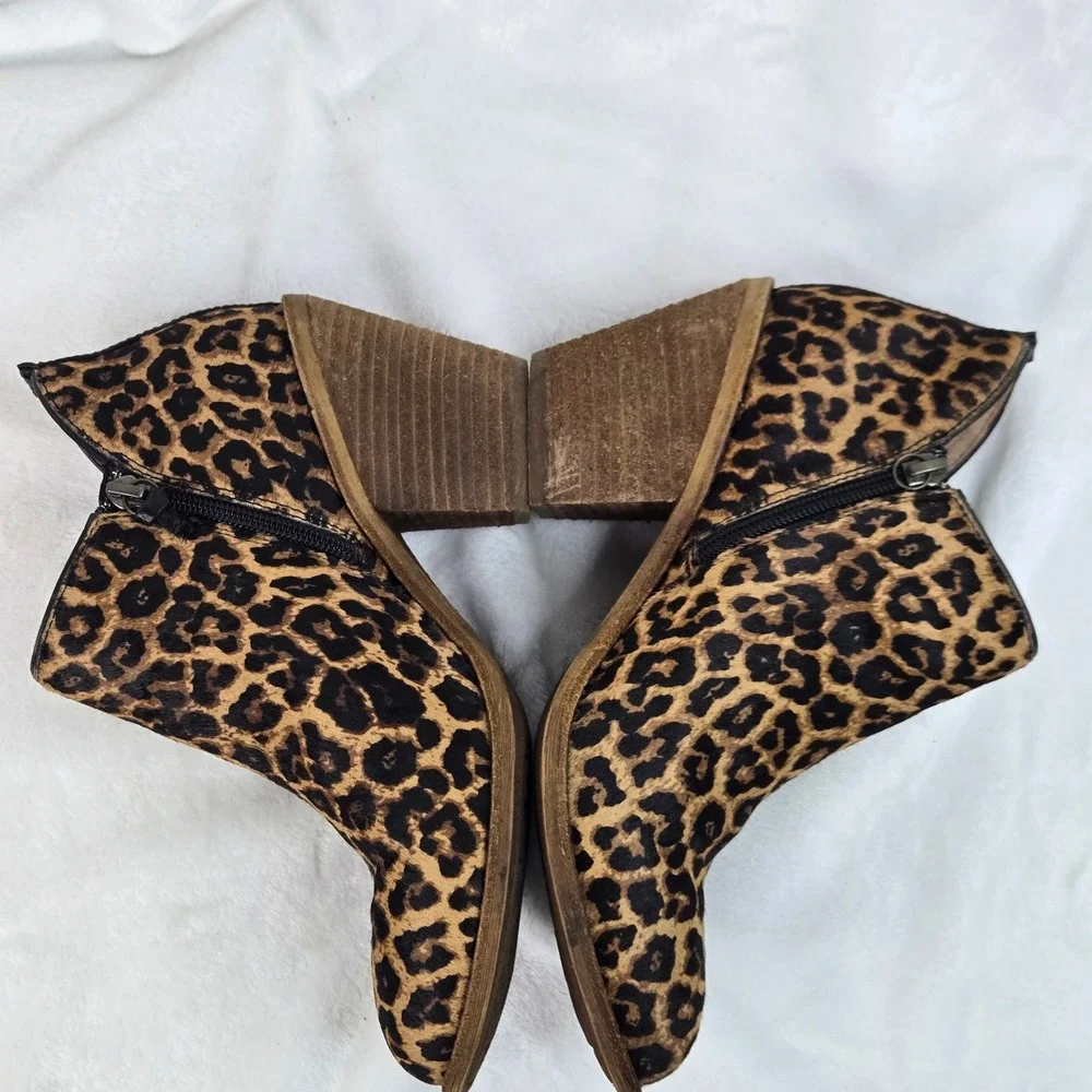 Sofft Leopard Print Cow Hair Ankle Booties Brown Black Block Heel 8M SF0034900